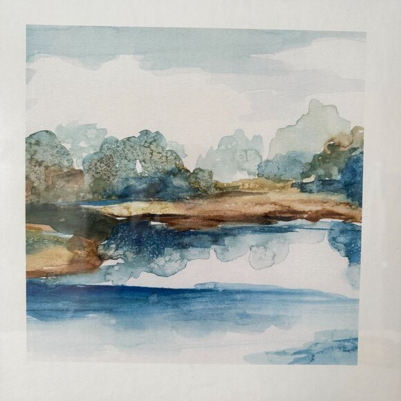 Framed Watercolor Landscape Print - Blue Serenity 15x15- Serene Nature Scene - Picture 2 of 6